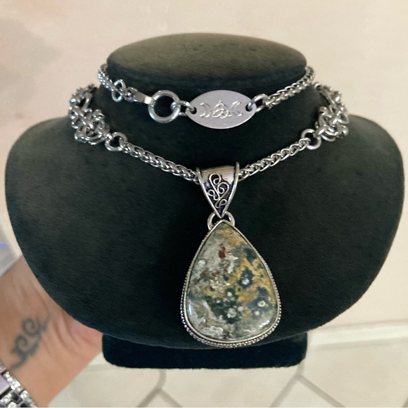 925 sterling overlay ocean moss agate jasper stone charm chain boho necklace - Picture 13 of 16